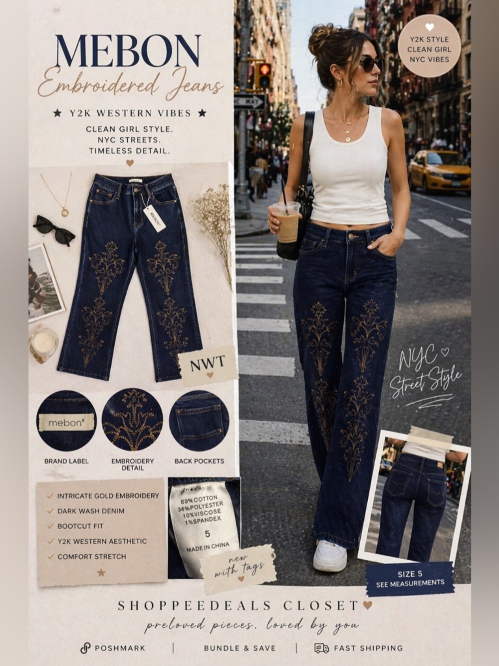 Mebon Embroidered Y2K Bootcut Jeans NWT Dark Wash Size 5